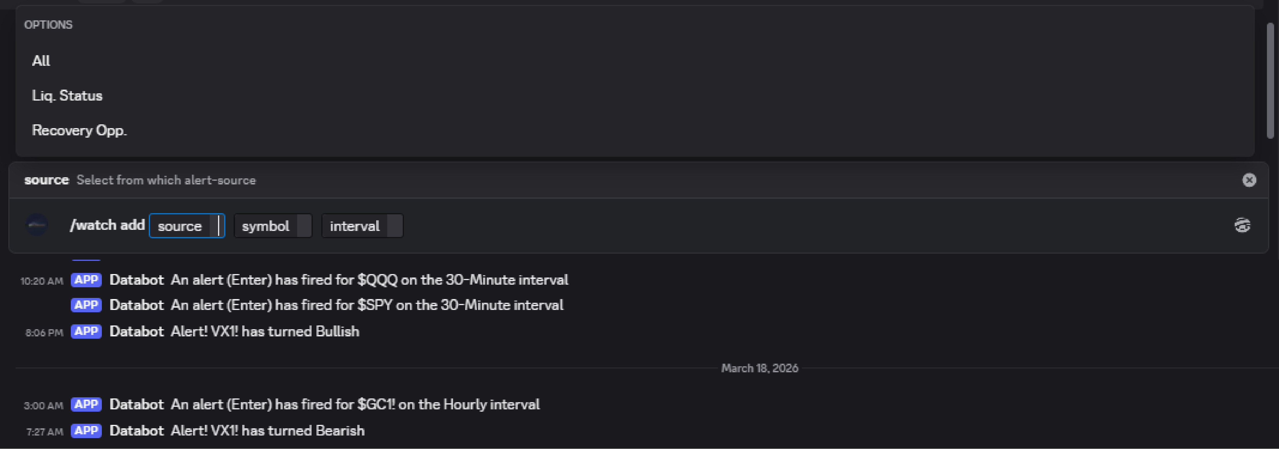 With the Databot, you can set personalized watchlist of any of the 600+ symbols being monitored and recieve DMs when those alerts fire.
